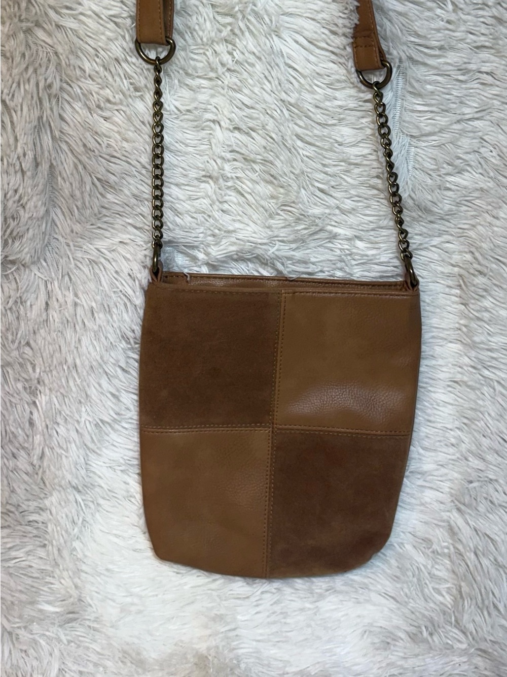 T-Shirt & Jeans Vegan Leather Patchwork Crossbody Bag with Gold Strap